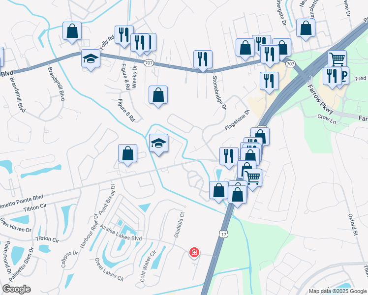 map of restaurants, bars, coffee shops, grocery stores, and more near 558 Ridge Drive in Myrtle Beach