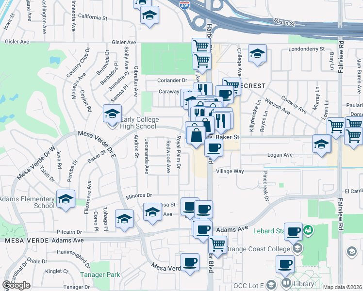 map of restaurants, bars, coffee shops, grocery stores, and more near 2976 Royal Palm Drive in Costa Mesa