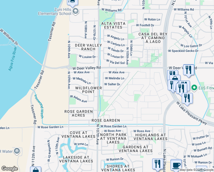 map of restaurants, bars, coffee shops, grocery stores, and more near 10625 West Salter Drive in Peoria