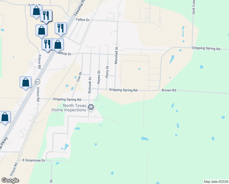 map of restaurants, bars, coffee shops, grocery stores, and more near 3160 Dripping Spring Road in Sherman