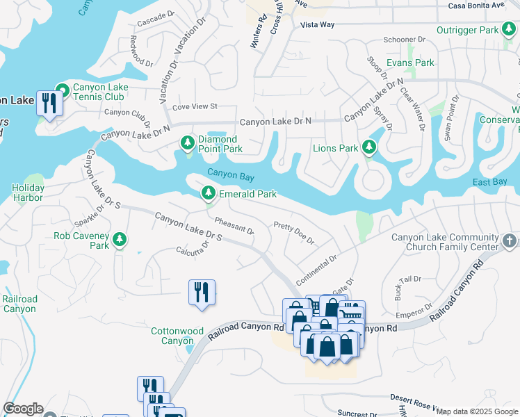 map of restaurants, bars, coffee shops, grocery stores, and more near 22931 Gray Fox Drive in Canyon Lake