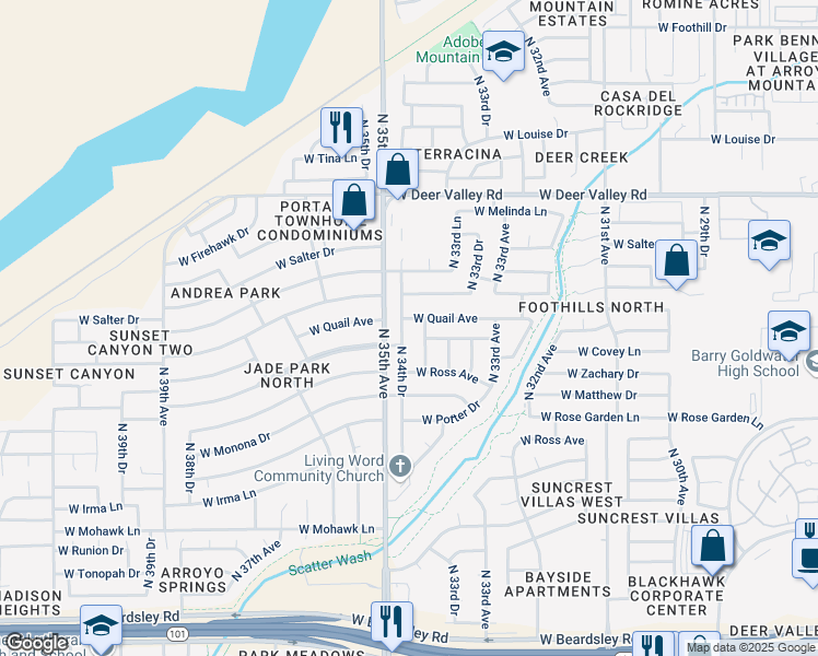 map of restaurants, bars, coffee shops, grocery stores, and more near 21215 North 34th Drive in Phoenix
