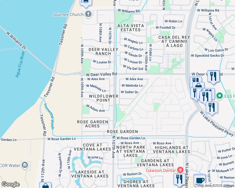 map of restaurants, bars, coffee shops, grocery stores, and more near 21535 North 107th Drive in Sun City