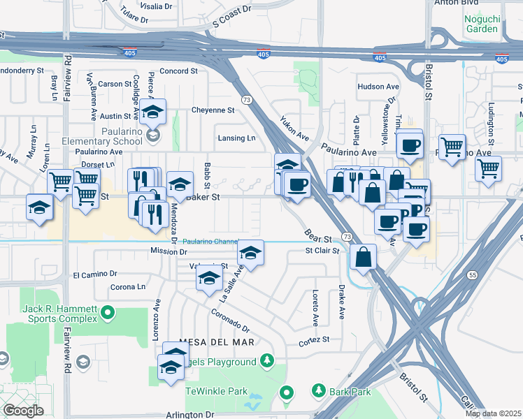 map of restaurants, bars, coffee shops, grocery stores, and more near 2992 Lumiere Drive in Costa Mesa