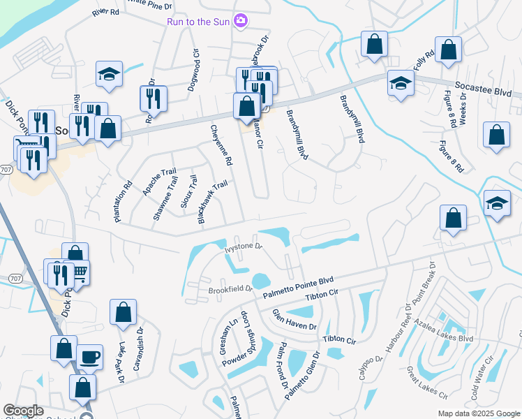 map of restaurants, bars, coffee shops, grocery stores, and more near 207 Townes Court in Myrtle Beach