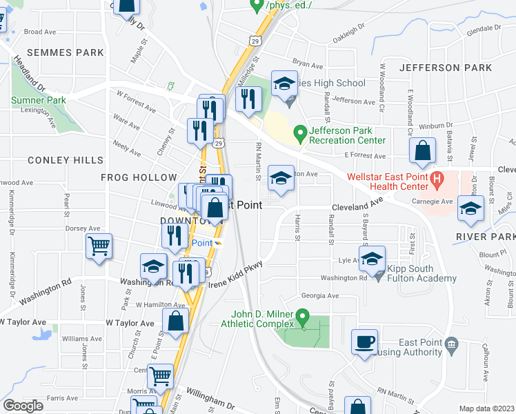 map of restaurants, bars, coffee shops, grocery stores, and more near E Cleveland Ave & R N Martin St in East Point