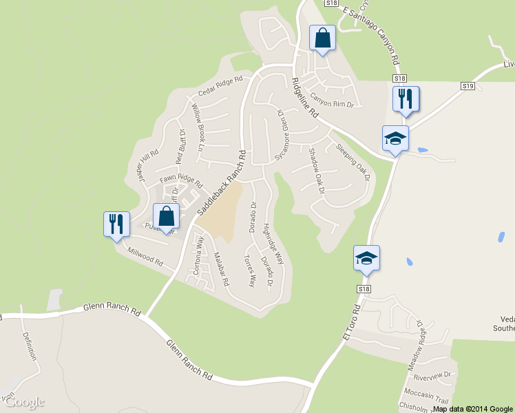 map of restaurants, bars, coffee shops, grocery stores, and more near 19452 Dorado Drive in Trabuco Canyon