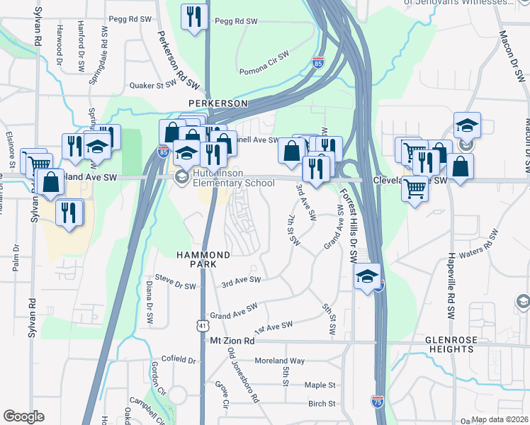 map of restaurants, bars, coffee shops, grocery stores, and more near 2757 Dearwood Drive Southwest in Atlanta