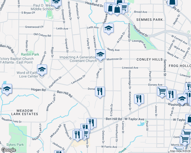 map of restaurants, bars, coffee shops, grocery stores, and more near 2785 Luther Drive in East Point
