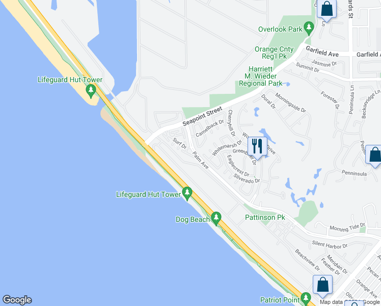 map of restaurants, bars, coffee shops, grocery stores, and more near 19457 Surf Drive in Huntington Beach
