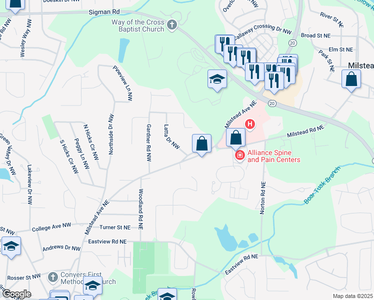 map of restaurants, bars, coffee shops, grocery stores, and more near 60 Old Milstead Road in Conyers
