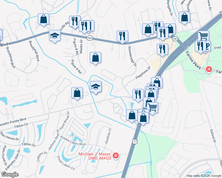 map of restaurants, bars, coffee shops, grocery stores, and more near 558 Ridge Drive in Myrtle Beach