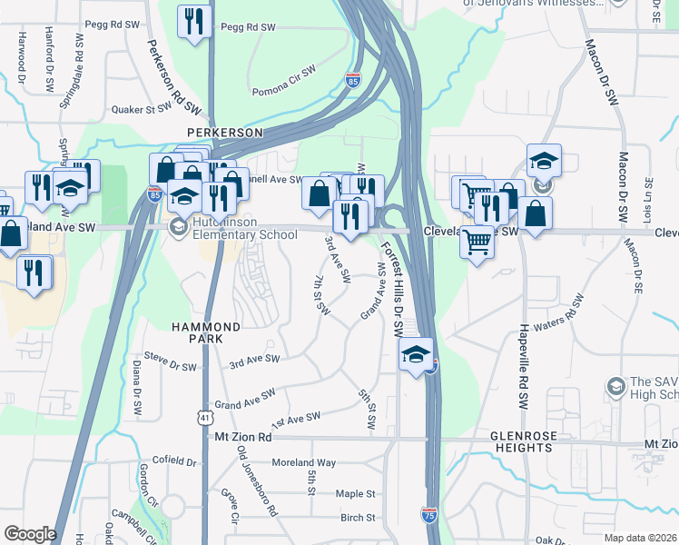 map of restaurants, bars, coffee shops, grocery stores, and more near 2761 3rd Avenue Southwest in Atlanta