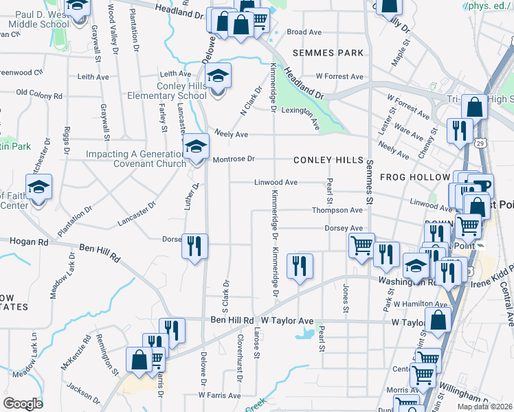 map of restaurants, bars, coffee shops, grocery stores, and more near 2013 Thompson Avenue in East Point
