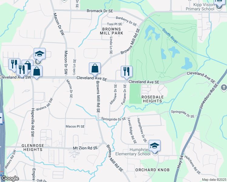 map of restaurants, bars, coffee shops, grocery stores, and more near 2759 Altaview Drive Southeast in Atlanta