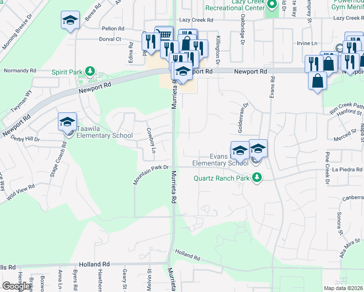 map of restaurants, bars, coffee shops, grocery stores, and more near 30381 Canyon Point Circle in Menifee