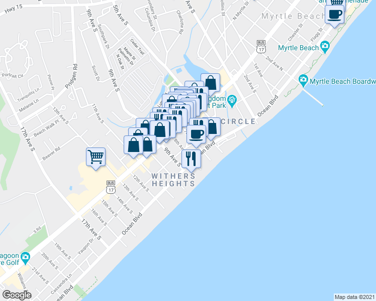 map of restaurants, bars, coffee shops, grocery stores, and more near 350 8th Avenue South in Myrtle Beach