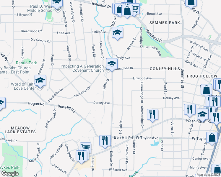 map of restaurants, bars, coffee shops, grocery stores, and more near 2781 Delowe Drive in East Point