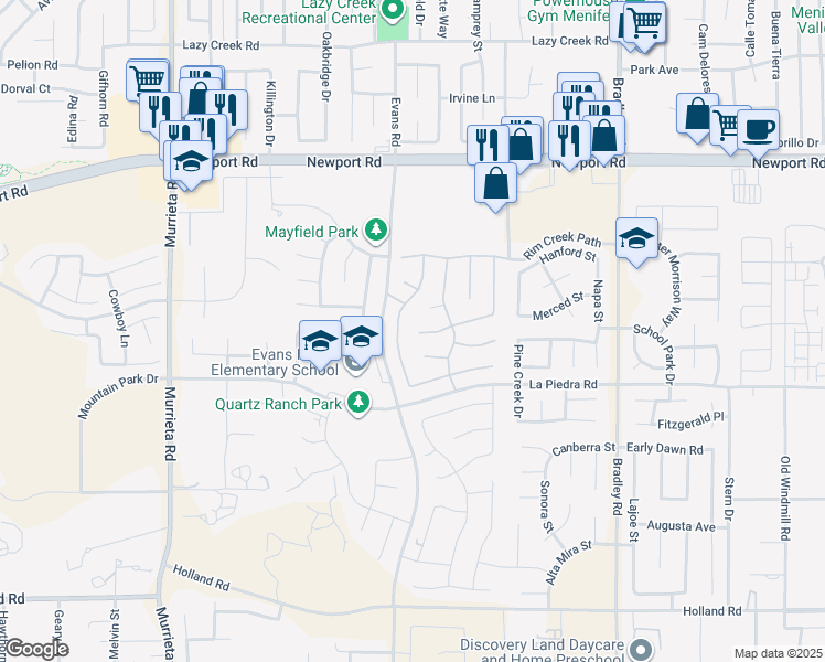 map of restaurants, bars, coffee shops, grocery stores, and more near 26584 Opalescent Drive in Menifee