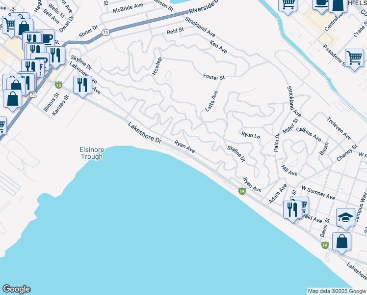 map of restaurants, bars, coffee shops, grocery stores, and more near 17559 Ryan Avenue in Lake Elsinore