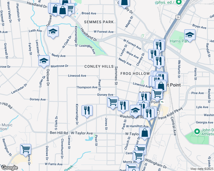 map of restaurants, bars, coffee shops, grocery stores, and more near 1841 Thompson Avenue in East Point