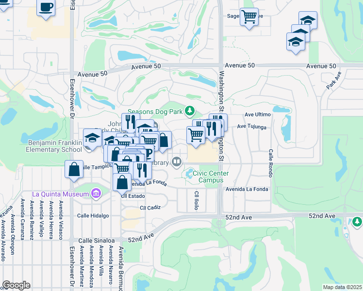 map of restaurants, bars, coffee shops, grocery stores, and more near 50800 Paradise East in La Quinta