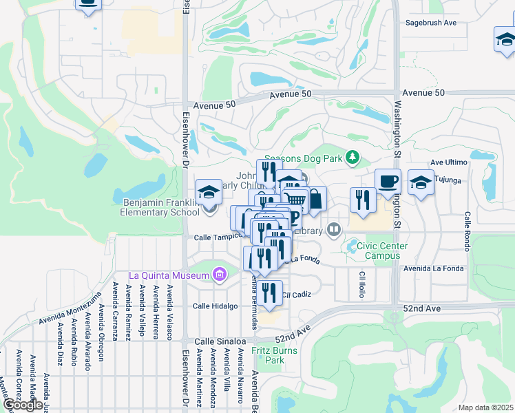map of restaurants, bars, coffee shops, grocery stores, and more near 50680 Santa Rosa Plaza in La Quinta