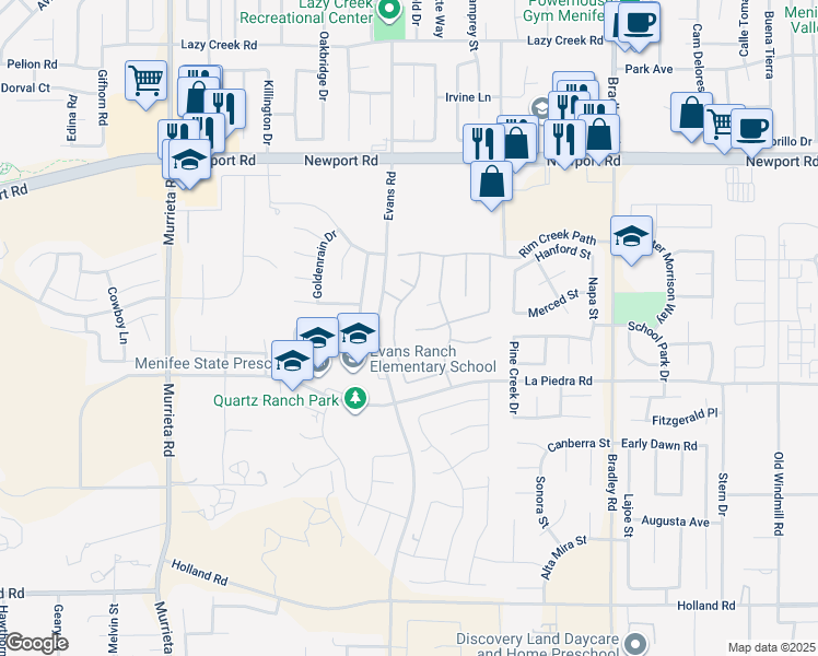 map of restaurants, bars, coffee shops, grocery stores, and more near 26584 Opalescent Drive in Menifee