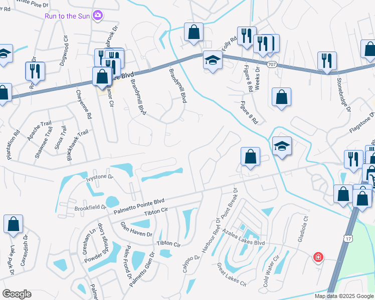 map of restaurants, bars, coffee shops, grocery stores, and more near 129 Olde Towne Way in Myrtle Beach