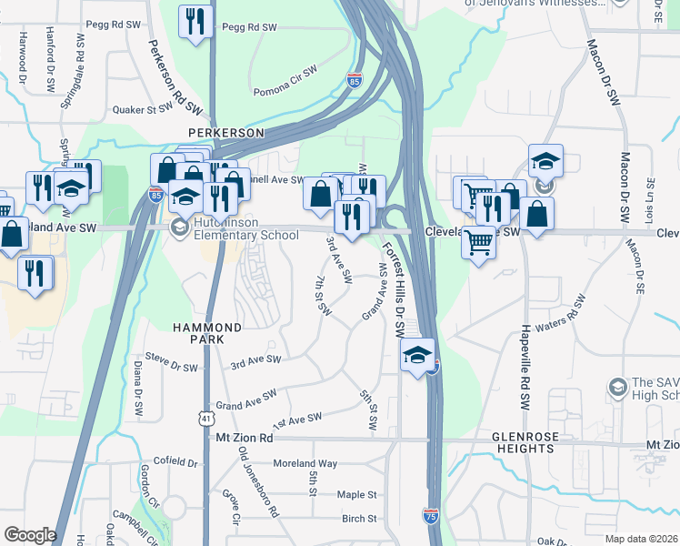 map of restaurants, bars, coffee shops, grocery stores, and more near 2761 3rd Avenue Southwest in Atlanta