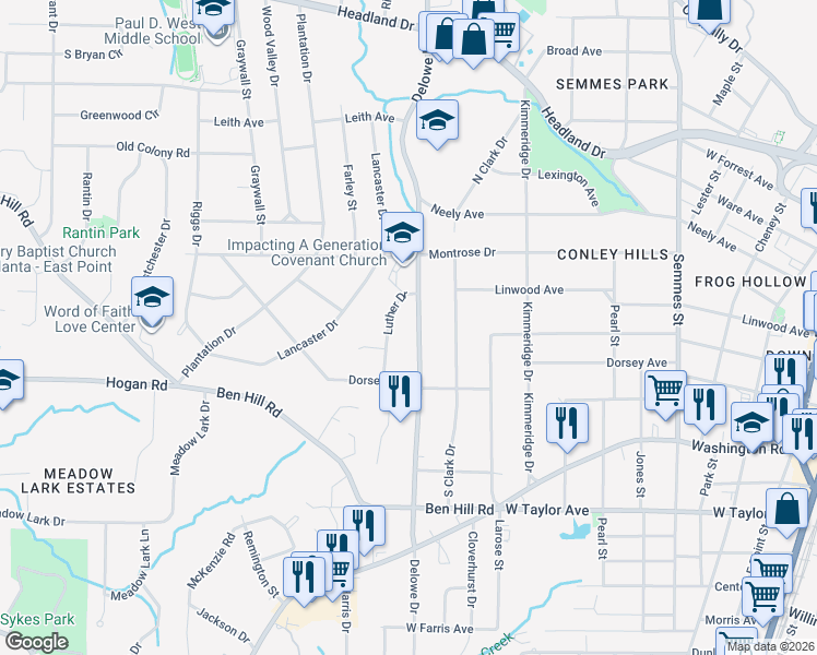 map of restaurants, bars, coffee shops, grocery stores, and more near 2781 Delowe Drive in East Point