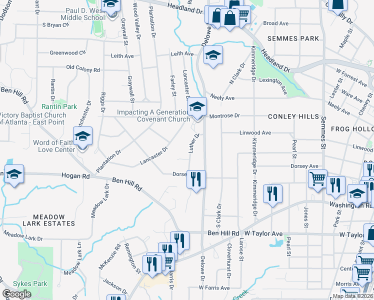 map of restaurants, bars, coffee shops, grocery stores, and more near 2785 Luther Drive in East Point