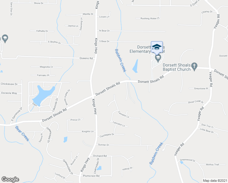 map of restaurants, bars, coffee shops, grocery stores, and more near 4649 Camelot Drive in Douglasville