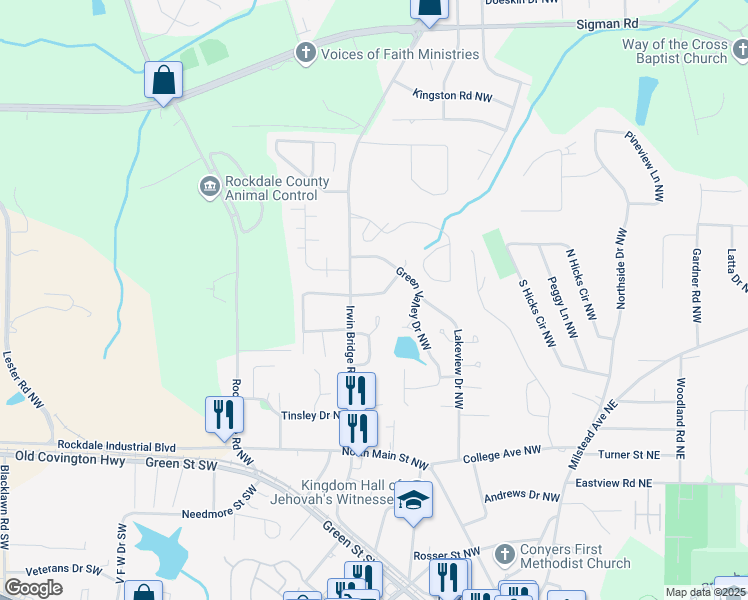 map of restaurants, bars, coffee shops, grocery stores, and more near 1103 Laurel Lane Northwest in Conyers
