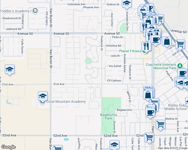 map of restaurants, bars, coffee shops, grocery stores, and more near 50760 Tabasco Court in Coachella