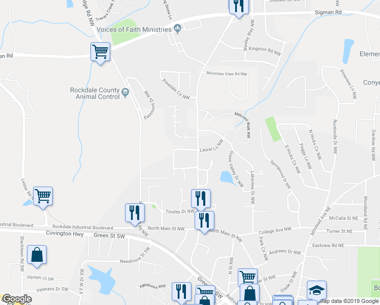 map of restaurants, bars, coffee shops, grocery stores, and more near 1150 Tillman Street Northwest in Conyers