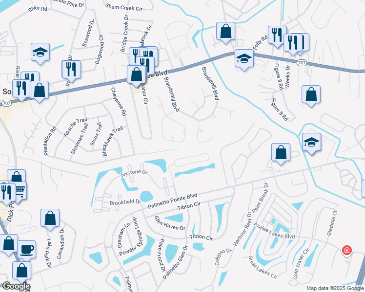 map of restaurants, bars, coffee shops, grocery stores, and more near 306 Rice Mill Drive in Myrtle Beach