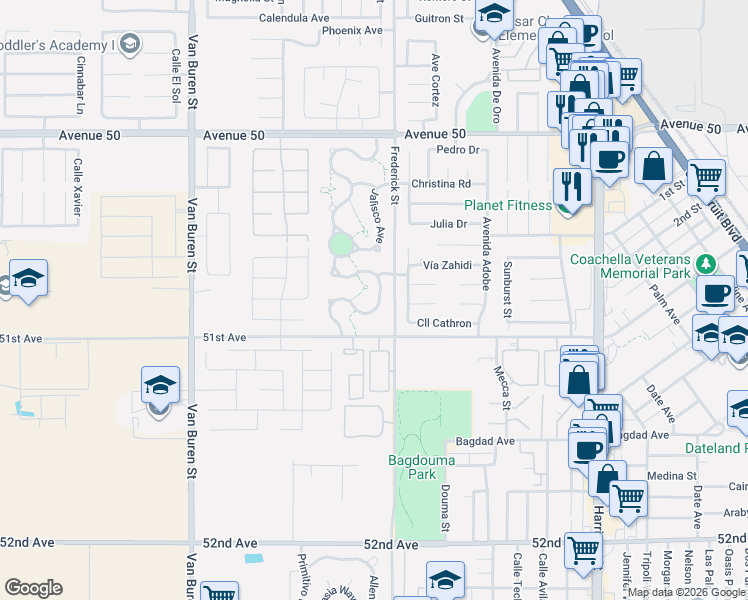 map of restaurants, bars, coffee shops, grocery stores, and more near 50765 Chiapas Drive in Coachella