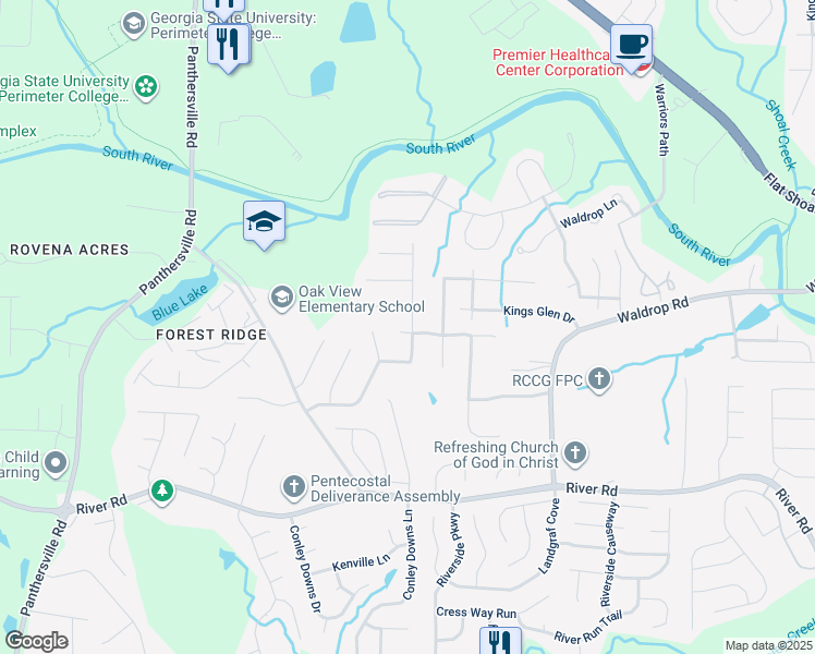 map of restaurants, bars, coffee shops, grocery stores, and more near 3100 River Oak Road in Decatur