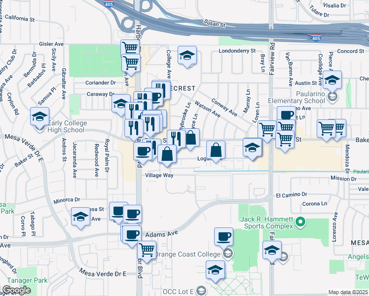 map of restaurants, bars, coffee shops, grocery stores, and more near 1378 Logan Avenue in Costa Mesa