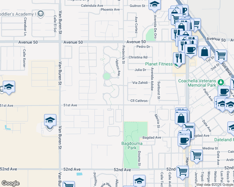 map of restaurants, bars, coffee shops, grocery stores, and more near 50760 Tabasco Court in Coachella