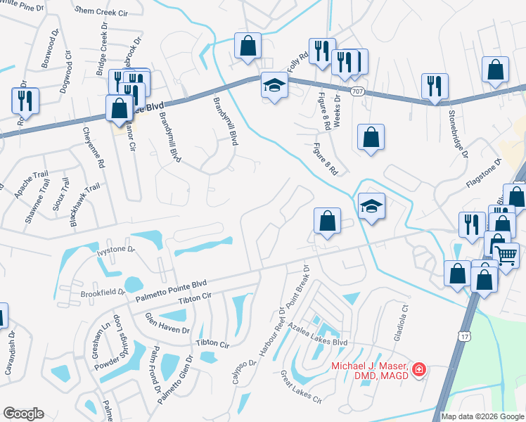 map of restaurants, bars, coffee shops, grocery stores, and more near 148 Olde Towne Way in Myrtle Beach