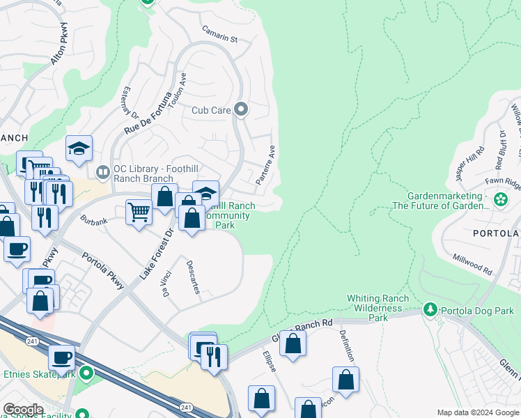 map of restaurants, bars, coffee shops, grocery stores, and more near 32 Balustrade Place in Lake Forest