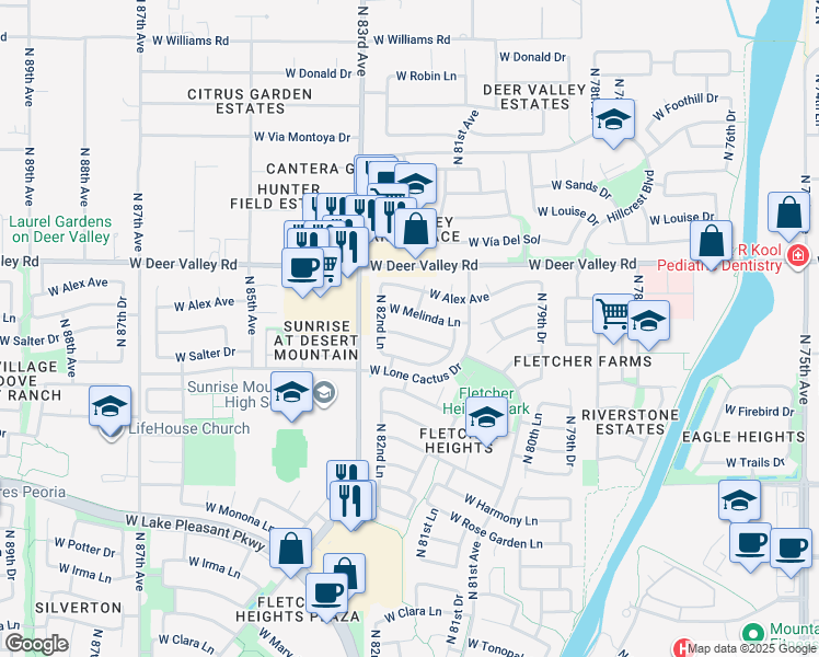 map of restaurants, bars, coffee shops, grocery stores, and more near 8214 West Salter Drive in Peoria