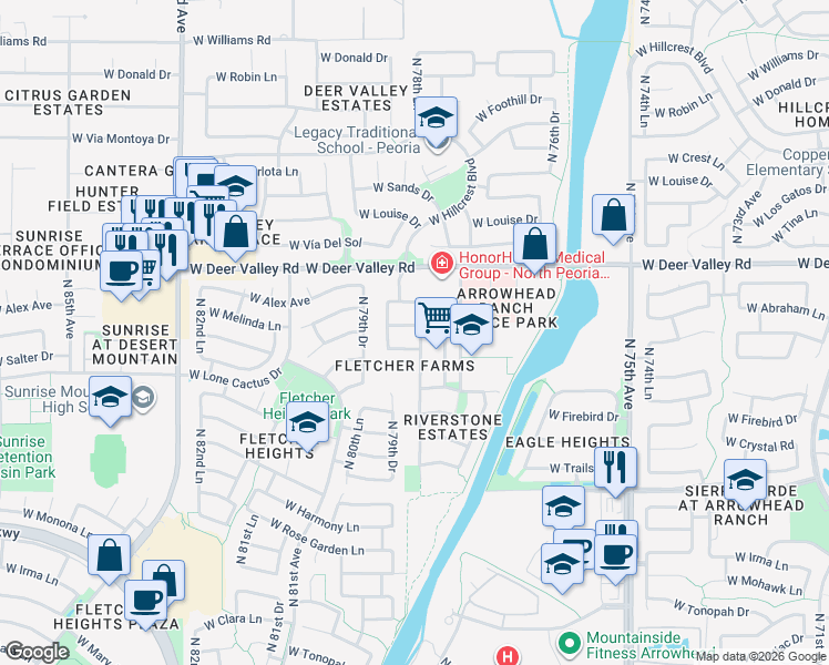 map of restaurants, bars, coffee shops, grocery stores, and more near 7863 West Melinda Lane in Peoria