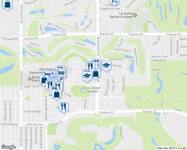 map of restaurants, bars, coffee shops, grocery stores, and more near 50951 Washington Street in La Quinta