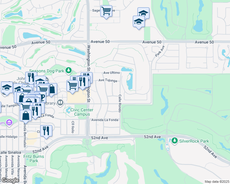 map of restaurants, bars, coffee shops, grocery stores, and more near 50820 Calle Guaymas in La Quinta
