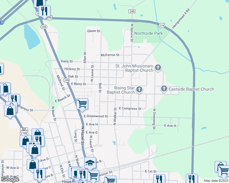 map of restaurants, bars, coffee shops, grocery stores, and more near 1102 North Walker Street in Hope