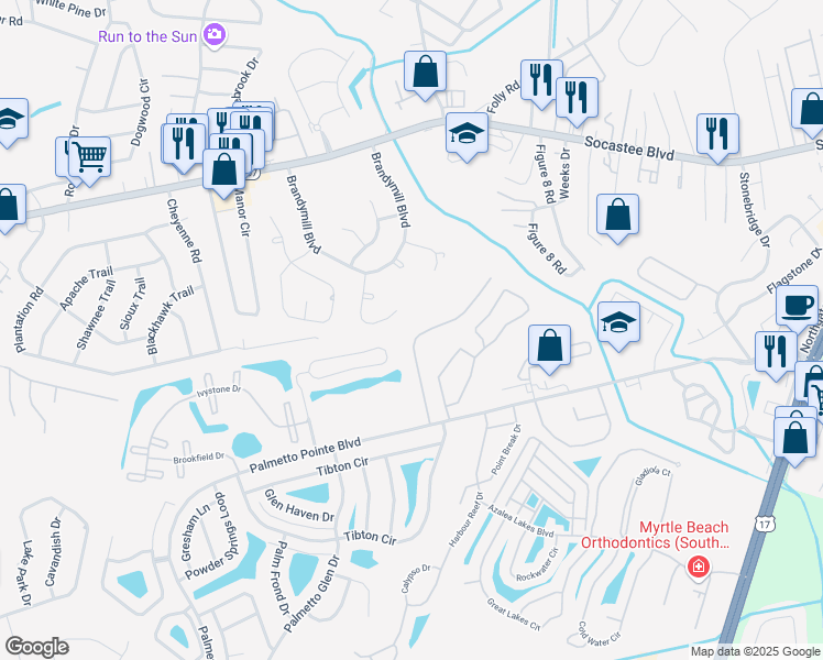 map of restaurants, bars, coffee shops, grocery stores, and more near 129 Olde Towne Way in Myrtle Beach