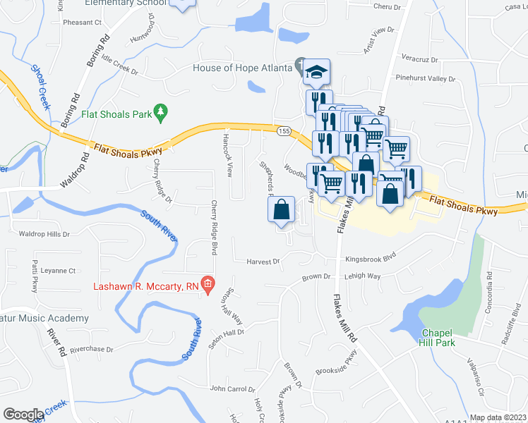 map of restaurants, bars, coffee shops, grocery stores, and more near 3616 Shepherds Path in Decatur